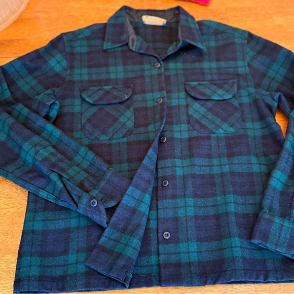Vintage Pendleton 100% Virgin Wool Blue & Green Plaid Button Shirt Women’s Large - Picture 2 of 8